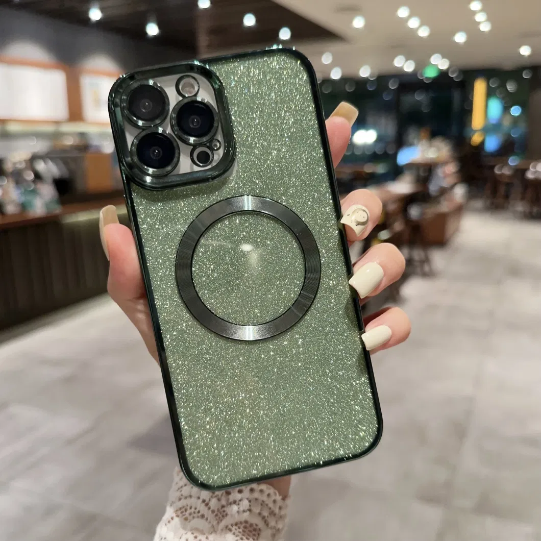 New Luxury Transparent Flash Powder Magnetic Mobile Phone Case Lens Protection for iPhone 11 12 13 14 PRO Max with Wireless Charging